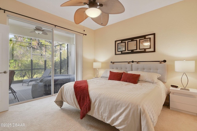 bedroom with ceiling fan, light colored carpet, and access to exterior