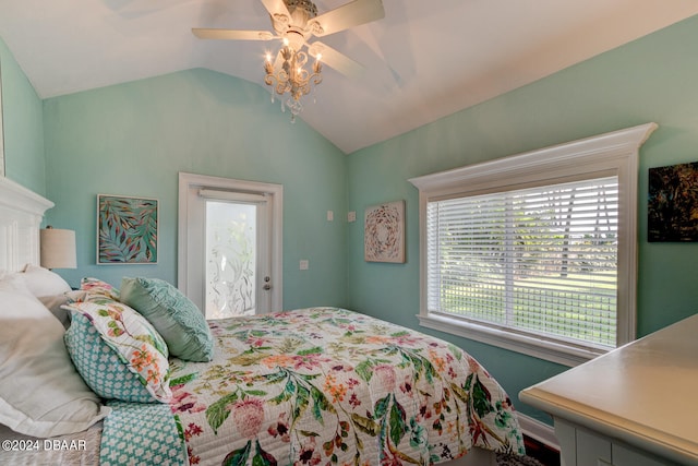 bedroom with vaulted ceiling, access to exterior, and ceiling fan