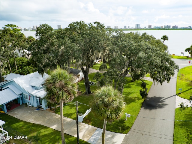 aerial view featuring a water view