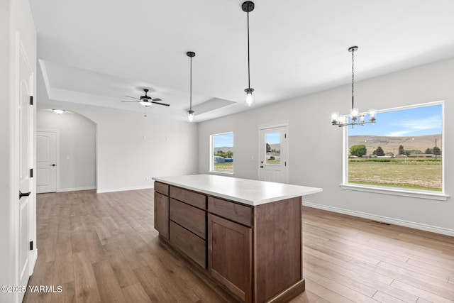 4608 W Larch Ave, Yakima, WA 98908 - kitchen featuring a raised ceiling, ceiling fan, light wood-style floors, and light countertops