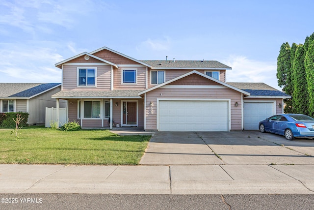 506 Millenium Ave, Moxee, WA 98936 - traditional-style house with an attached garage, concrete driveway, a front yard, and a shingled roof