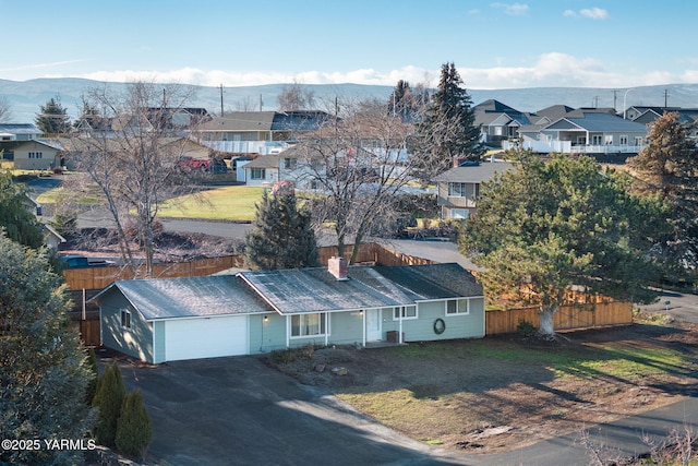 bird's eye view featuring a residential view and a mountain view