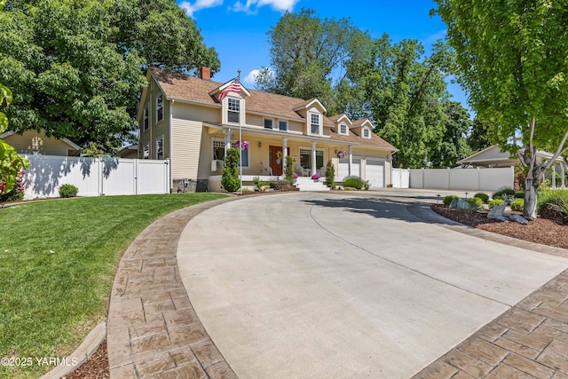 3703 W Chestnut Ave, Yakima, WA 98902 - view of front of house with covered porch, curved driveway, an attached garage, and a chimney