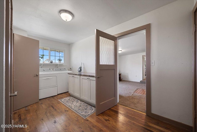 3700 Sheller Rd, Sunnyside, WA 98944 - laundry room with separate washer and dryer, dark wood-style flooring, and cabinet space