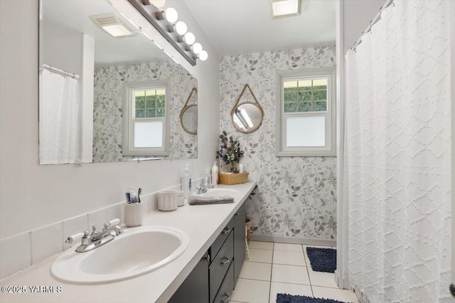 3700 Sheller Rd, Sunnyside, WA 98944 - full bathroom featuring wallpapered walls, tile patterned flooring, double vanity, baseboards, and a shower with shower curtain