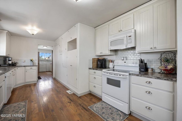 3700 Sheller Rd, Sunnyside, WA 98944 - kitchen featuring white appliances, decorative backsplash, dark countertops, dark wood-style floors, and white cabinetry