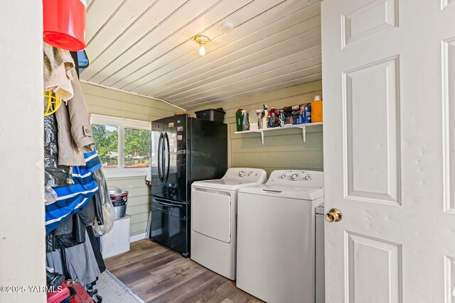 1311 W Mead Ave, Yakima, WA 98902 - laundry area with washer and dryer, wood finished floors, and wooden ceiling
