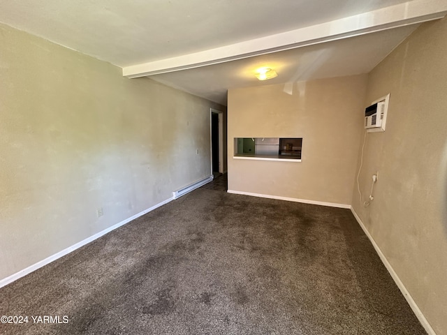 empty room featuring beam ceiling, dark carpet, baseboard heating, a wall mounted AC, and baseboards