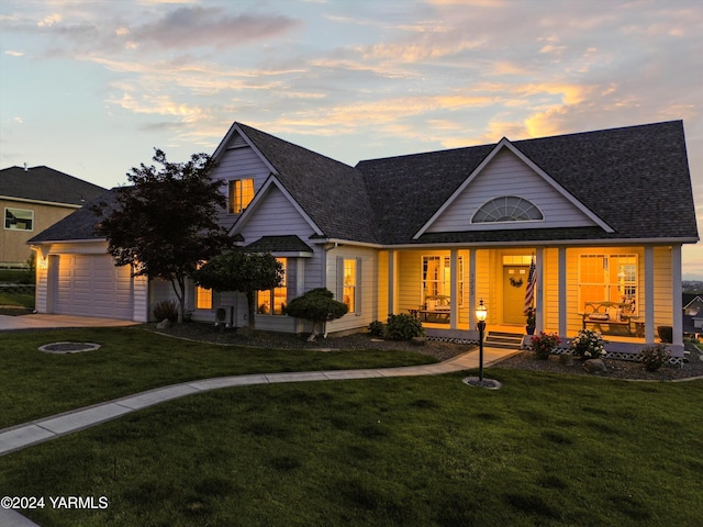 view of front of home with a garage, a yard, a porch, and a shingled roof