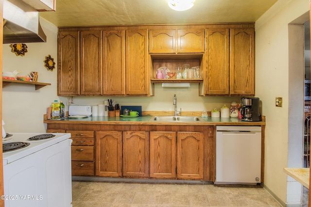 kitchen featuring open shelves, dishwashing machine, brown cabinetry, and a sink