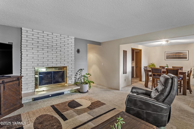 3603 Carol Ave, Yakima, WA 98902 - carpeted living room with a textured ceiling and a brick fireplace