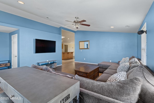 710 Columbus Ave, Moxee, WA 98936 - living area with wood finished floors, ceiling fan, recessed lighting, and vaulted ceiling