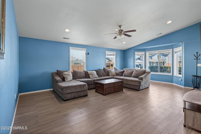 710 Columbus Ave, Moxee, WA 98936 - living area with a ceiling fan, wood finished floors, lofted ceiling, and recessed lighting