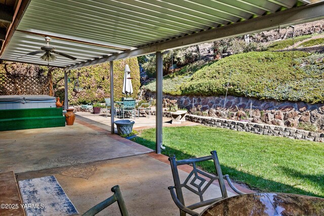 611 Ferncrest Rd, Yakima, WA 98901 - view of patio featuring ceiling fan, outdoor dining area, and a hot tub