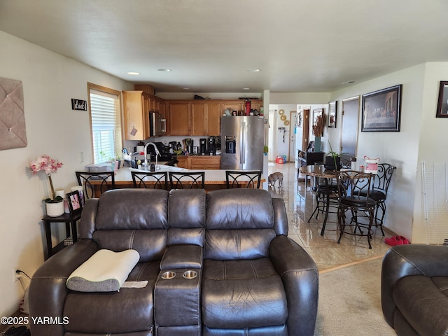 living room with light colored carpet