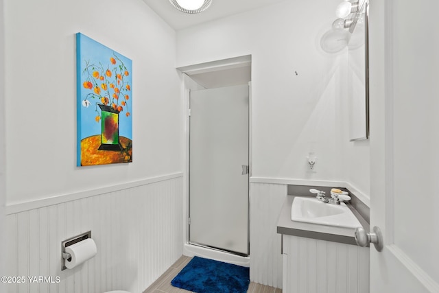 5 N 80th Ave, Yakima, WA 98908 - full bath with vanity, a stall shower, tile patterned flooring, wainscoting, and visible vents