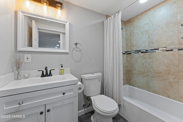 bathroom featuring shower / bath combination with curtain, vanity, and toilet