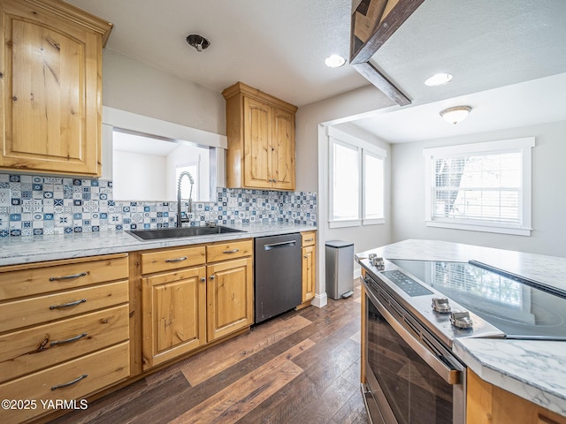 230 Krough Rd, Prosser, WA 99350 - kitchen featuring decorative backsplash, appliances with stainless steel finishes, dark wood finished floors, a sink, and light countertops
