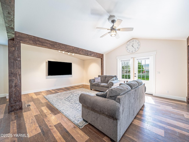 230 Krough Rd, Prosser, WA 99350 - living area featuring baseboards, ceiling fan, wood-type flooring, and lofted ceiling