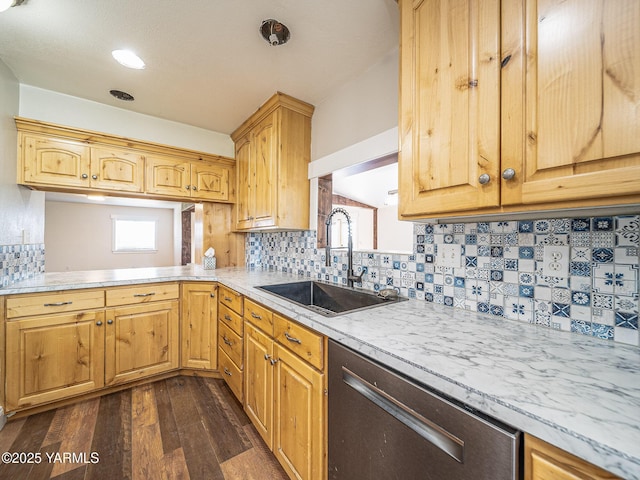 230 Krough Rd, Prosser, WA 99350 - kitchen featuring stainless steel dishwasher, dark wood-style flooring, plenty of natural light, light countertops, and a sink