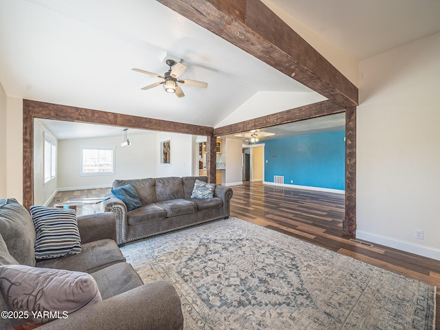 230 Krough Rd, Prosser, WA 99350 - living room with baseboards, a ceiling fan, wood finished floors, and vaulted ceiling
