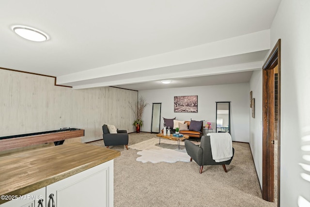 living area with light carpet and billiards