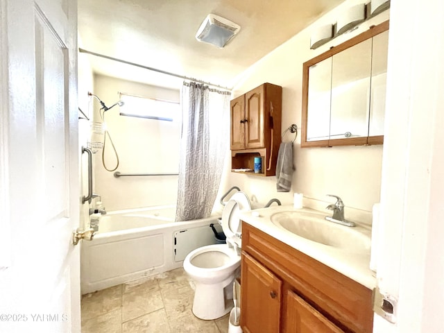 bathroom featuring vanity, shower / bath combination with curtain, and toilet