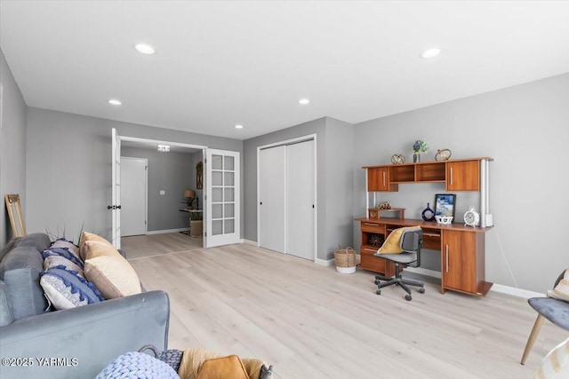 office with recessed lighting, light wood-type flooring, and baseboards