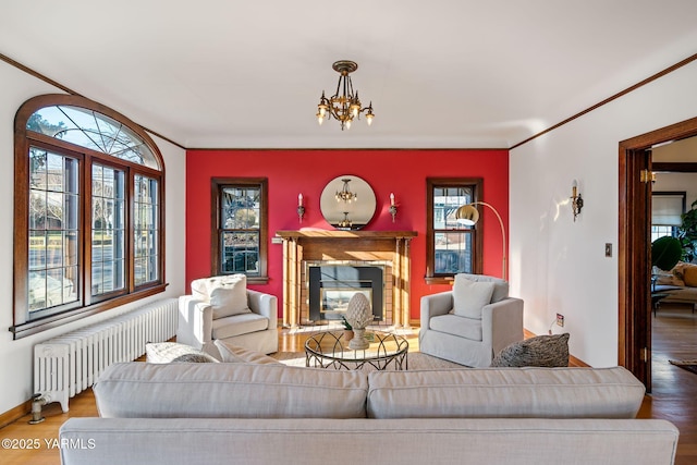 living room with a glass covered fireplace, radiator, an inviting chandelier, and wood finished floors