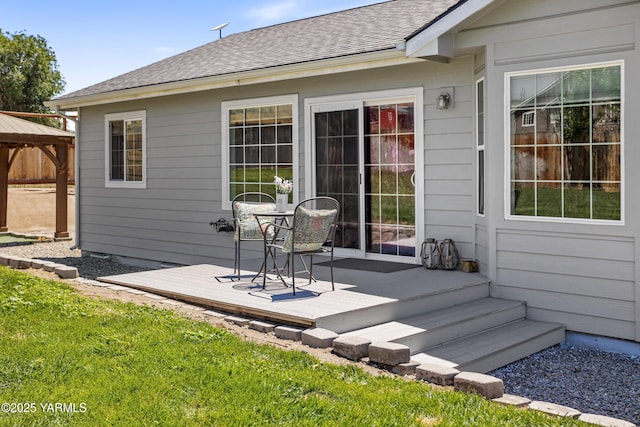 3485 Selah Loop Rd, Selah, WA 98942 - rear view of house with a gazebo, a deck, a yard, and roof with shingles