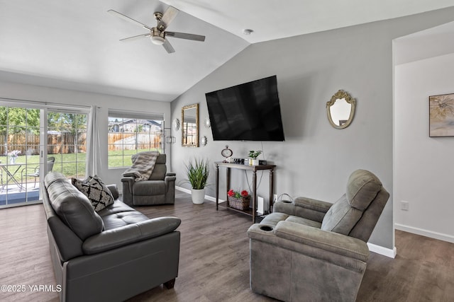 3485 Selah Loop Rd, Selah, WA 98942 - living area featuring vaulted ceiling, a ceiling fan, and wood finished floors