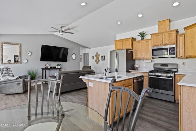 3485 Selah Loop Rd, Selah, WA 98942 - kitchen featuring stainless steel appliances, open floor plan, a ceiling fan, dark wood-style floors, and light countertops