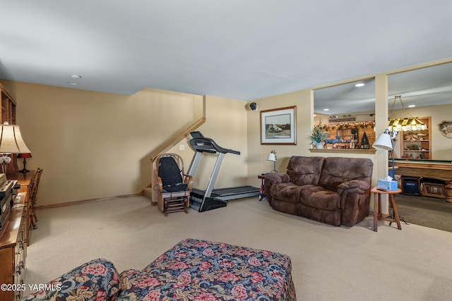 1013 Crest Acres Pl, Yakima, WA 98908 - living room featuring carpet flooring, stairway, and recessed lighting