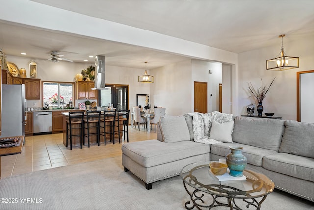 6 N 78th Ave, Yakima, WA 98908 - living area with a chandelier, light tile patterned floors, recessed lighting, and a ceiling fan