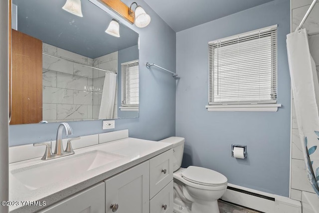 1501 W Chestnut Ave Unit 5, Yakima, WA 98902 - full bathroom with a baseboard heating unit, vanity, and a shower with shower curtain