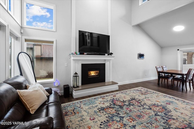 living room with a glass covered fireplace, high vaulted ceiling, dark wood-type flooring, and baseboards