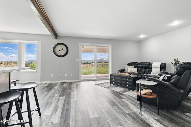 15014 Fisk Rd, Yakima, WA 98908 - living area with wood finished floors, baseboards, beamed ceiling, and recessed lighting