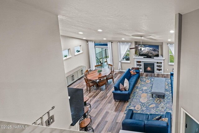 living room featuring a glass covered fireplace, wood finished floors, and a wealth of natural light