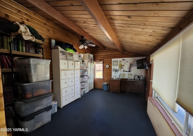 13520 Fisk Rd, Yakima, WA 98908 - office area with ceiling fan, wooden ceiling, and wood walls