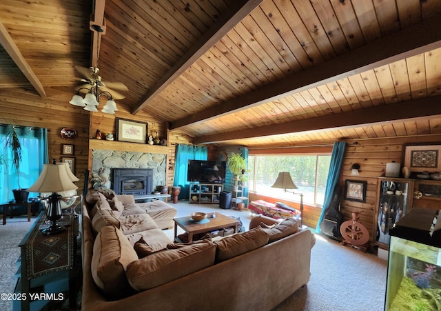13520 Fisk Rd, Yakima, WA 98908 - living area featuring carpet, wooden walls, and wood ceiling