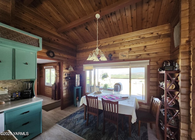 13520 Fisk Rd, Yakima, WA 98908 - dining space with light wood-style flooring, wooden ceiling, a chandelier, and wooden walls
