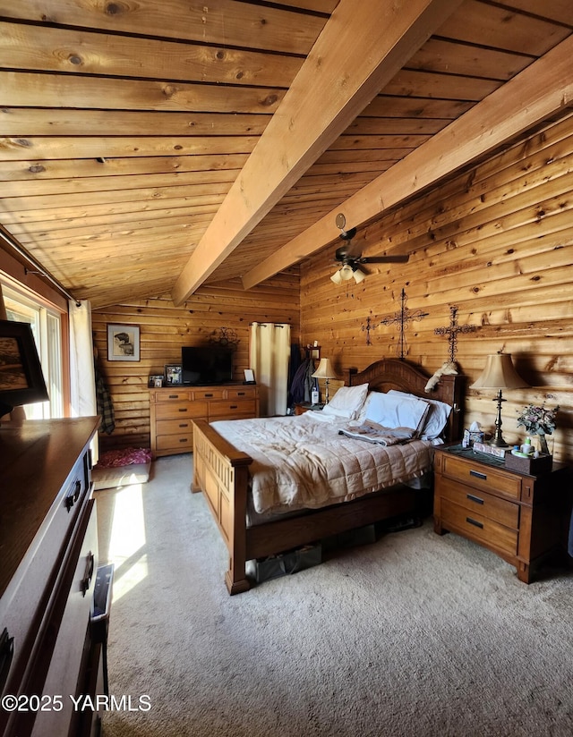 13520 Fisk Rd, Yakima, WA 98908 - bedroom featuring carpet flooring, wood ceiling, and wood walls