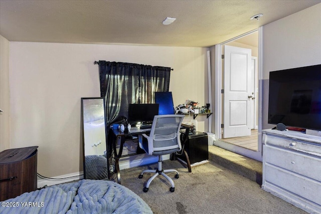 bedroom featuring light colored carpet