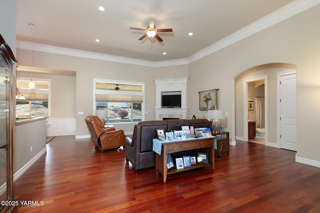 living room featuring crown molding, wood finished floors, and a ceiling fan