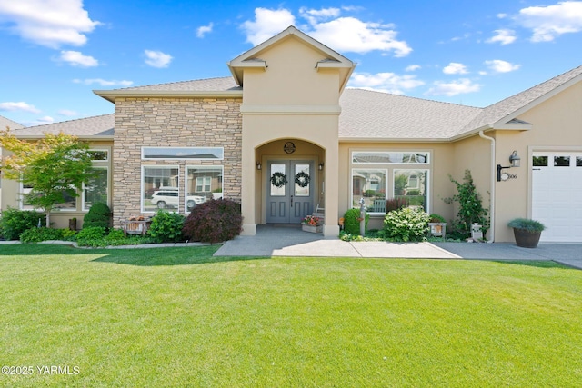 7506 Lyons Ln, Yakima, WA 98903 - view of front facade featuring stucco siding, a front lawn, stone siding, french doors, and roof with shingles