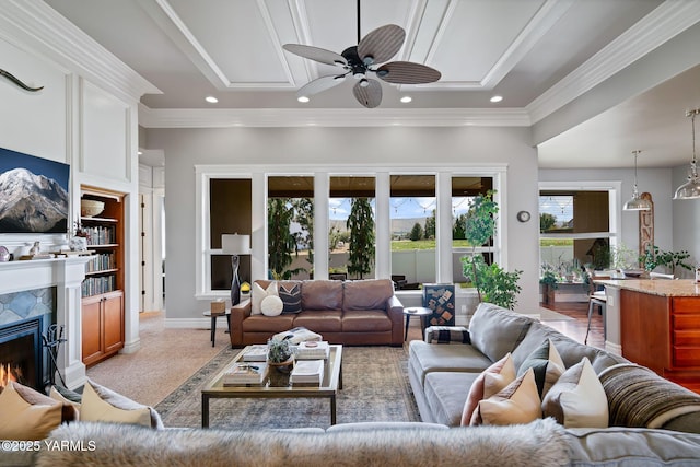 7506 Lyons Ln, Yakima, WA 98903 - living area featuring a ceiling fan, a premium fireplace, recessed lighting, baseboards, and light colored carpet