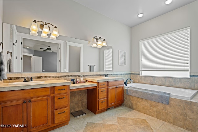 7506 Lyons Ln, Yakima, WA 98903 - bathroom with vanity, a garden tub, a ceiling fan, tile patterned floors, and a chandelier