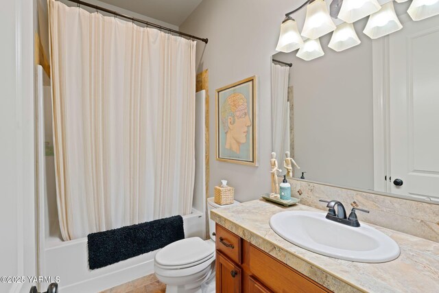 7506 Lyons Ln, Yakima, WA 98903 - bathroom featuring vanity, shower / bath combo with shower curtain, and toilet