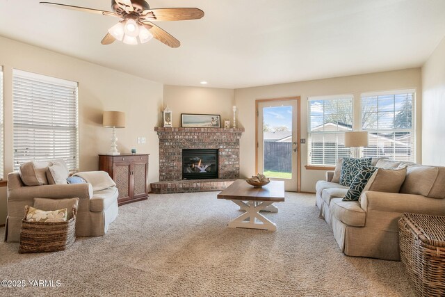 19 N 86th Ave, Yakima, WA 98908 - carpeted living area featuring a ceiling fan and a brick fireplace