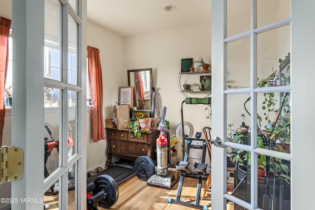 workout area featuring wood finished floors